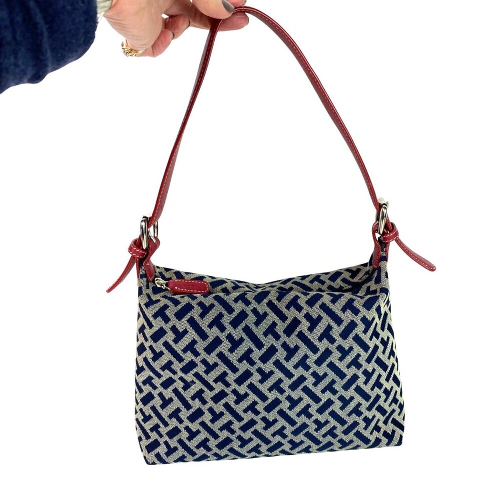 Talbots Red leather, White and Blue fabric, handbag, clip keychain, padded bag